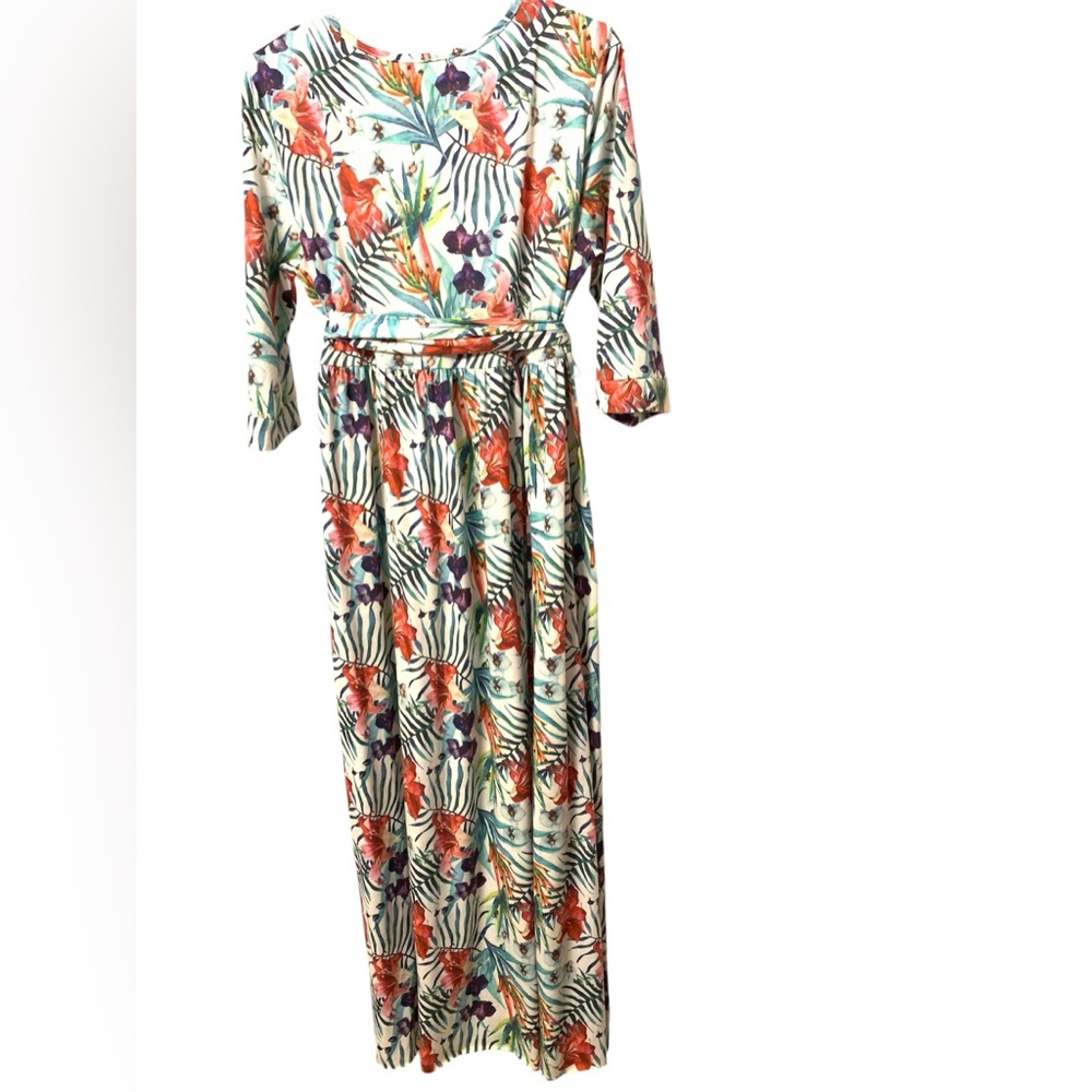 Nuggles XL polyester blend tropical floral maxi dress cloth belt raw hem